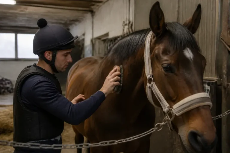 Personne formée comme cavalier soigneur brosse un cheval dans une écurie