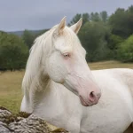 Cheval albinos dans un pré verdoyant devant une forêt dense et un ciel gris