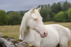 Cheval albinos dans un pré verdoyant devant une forêt dense et un ciel gris