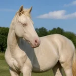 Cheval crème posé dans un pré verdoyant sous un ciel bleu clair