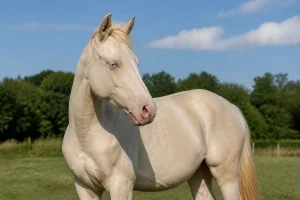 Cheval crème posé dans un pré verdoyant sous un ciel bleu clair