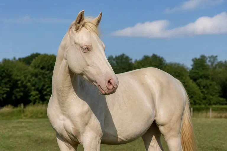 Cheval crÚme posé dans un pré verdoyant sous un ciel bleu clair
