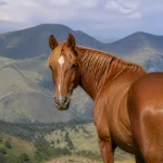 Un cheval à la robe alezane devant des montagnes verdoyantes