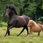 Cheval noir et poney brun galopant librement dans un pré verdoyant.