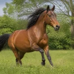 Cheval brun galopant dans un champ verdoyant évoquant une citation sur les chevaux