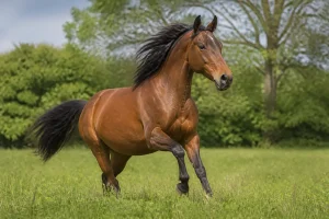 Cheval brun galopant dans un champ verdoyant évoquant une citation sur les chevaux