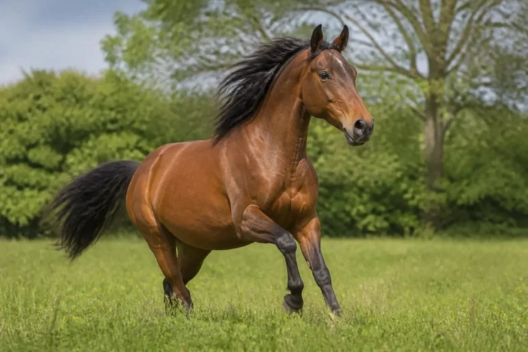 Cheval brun galopant dans un champ verdoyant évoquant une citation sur les chevaux