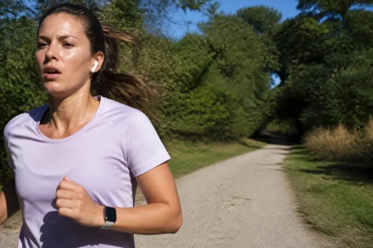 Une femme court sur un chemin forestier, illustrant l'endurance physique en plein air