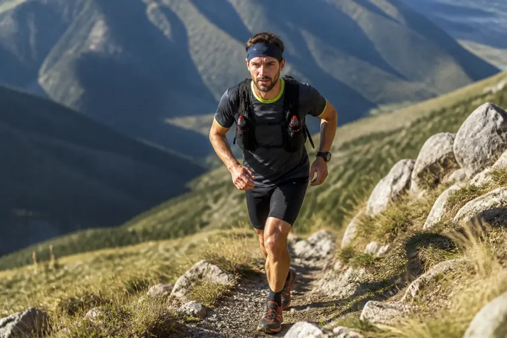 Coureur en montagne illustrant l'endurance info avec paysage vallonné en arrière-plan