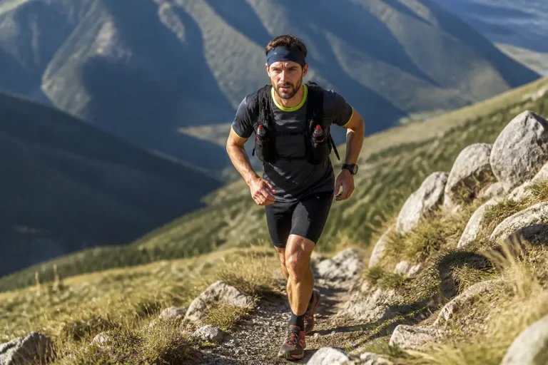 Coureur en montagne illustrant l'endurance info avec paysage vallonné en arrière-plan