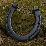 Fer à cheval porte bonheur posé sur sol moussu et terreux en forêt