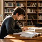 Un étudiant concentré prépare un galop d'essai droit dans une bibliothèque ensoleillée