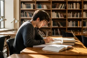 Un étudiant concentré prépare un galop d'essai droit dans une bibliothèque ensoleillée