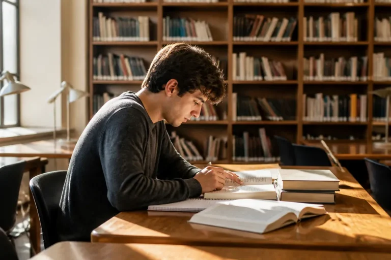 Un étudiant concentré prépare un galop d'essai droit dans une bibliothèque ensoleillée