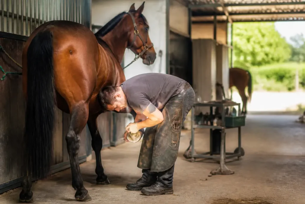 Maréchal-ferrant ferrant un cheval dans une écurie pour la liste des 100 métiers du cheval