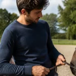 Homme portant un sweat avec cheval en arrière-plan sur un terrain d'équitation