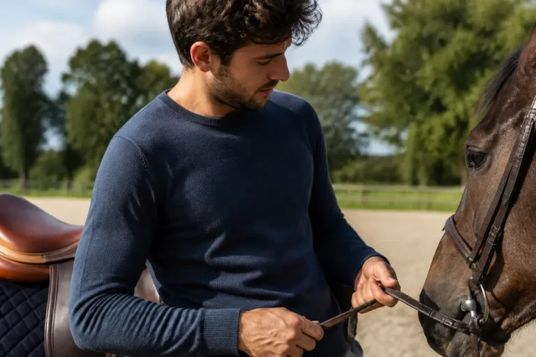 Homme portant un sweat avec cheval en arrière-plan sur un terrain d'équitation