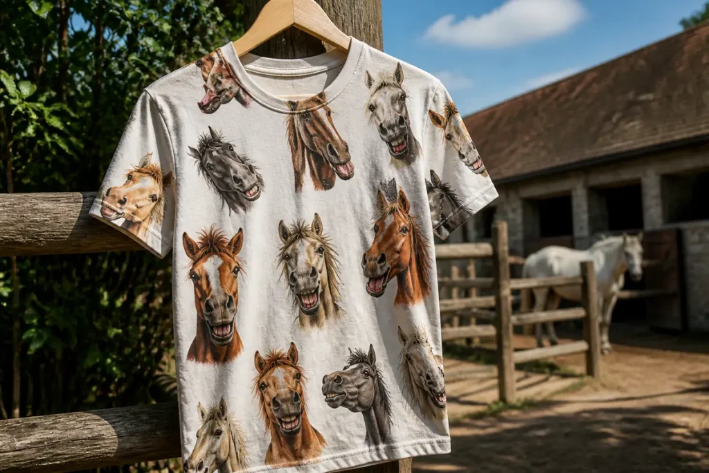 T-shirt avec imprimés de têtes de cheval accroché près d'une écurie ensoleillée