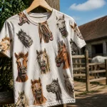 T-shirt avec imprimés de têtes de cheval accroché près d'une écurie ensoleillée